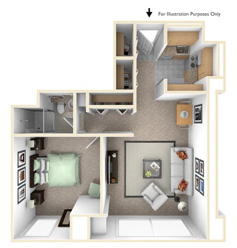 a stylized floor plan with a bedroom and living room